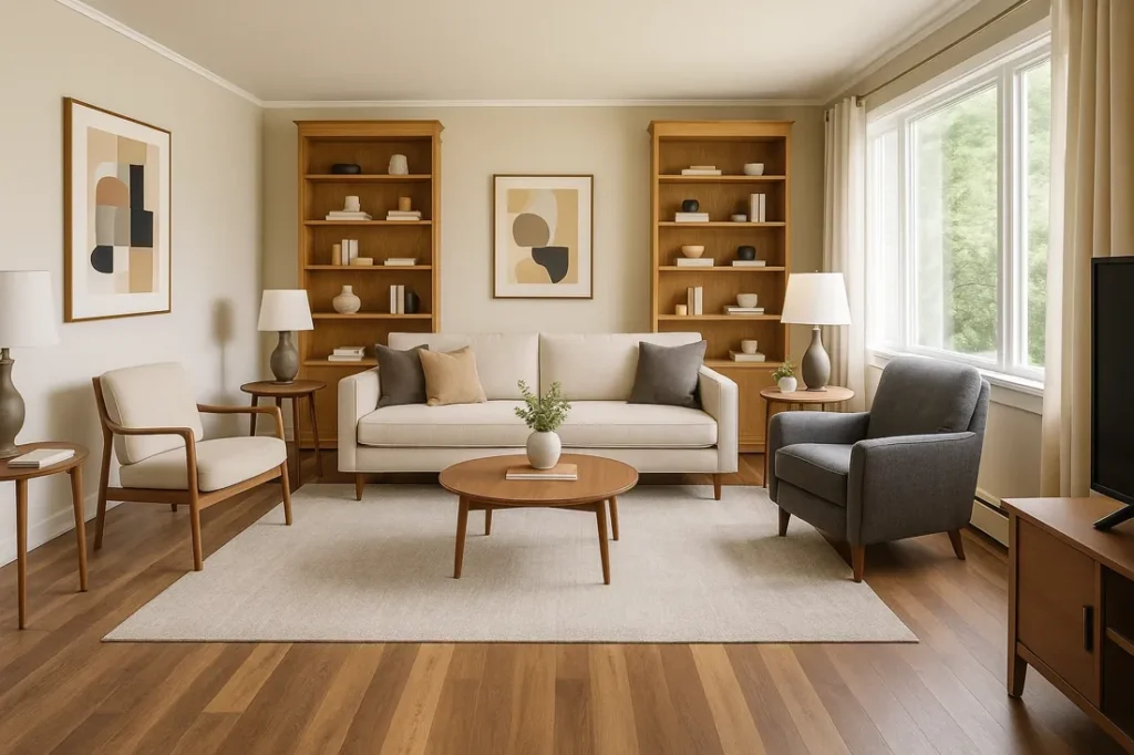 Vee Lane’s digital sitting-room concept with cream sofa, wood shelving, and a blue chair